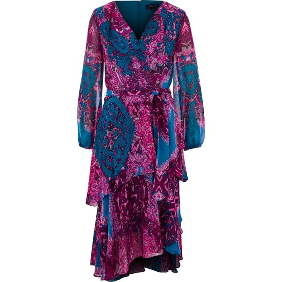 Tahari ASL Paisley Chiffon Tiered Midi Dress - V-neck wrap - Picture 3 of 3